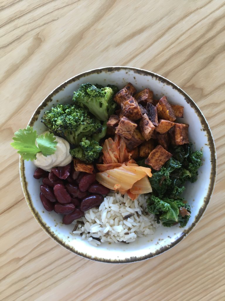 Macrobiotic Bowl: Sweet potato, tahini ginger miso dressing, brown rice, red kidney beans